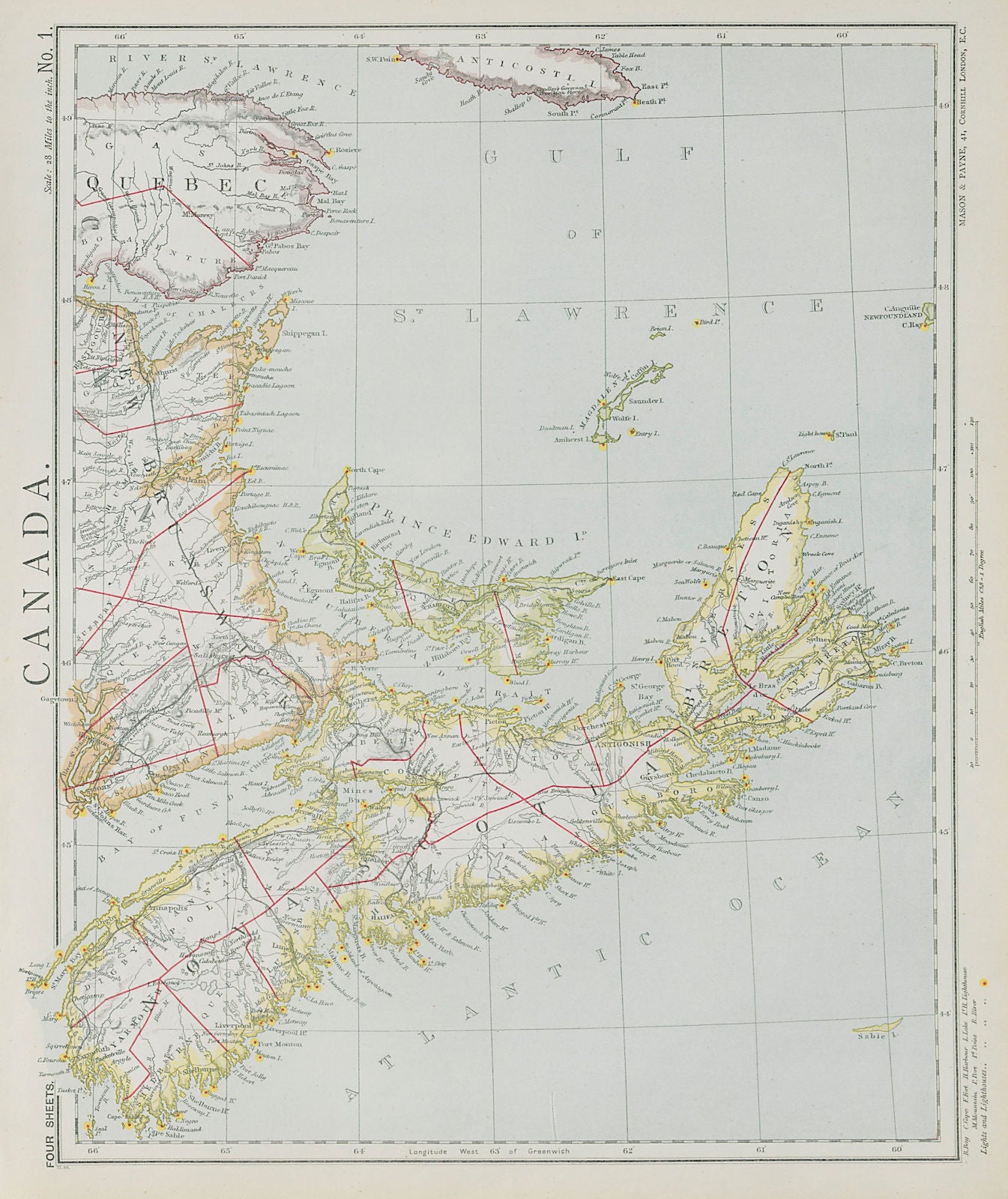NOVA SCOTIA New Brunswick Prince Edward's Island. Lighthouses. LETTS 1884 map